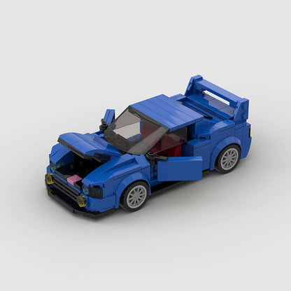 RevVblox Subaru Impreza miniature model car with detailed exterior and vibrant blue paint, showcasing realistic design and craftsmanship.