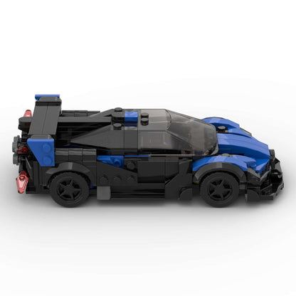 RevvBlox Bugatti Bolide model car with detailed exterior design and sleek racing blue finish.
