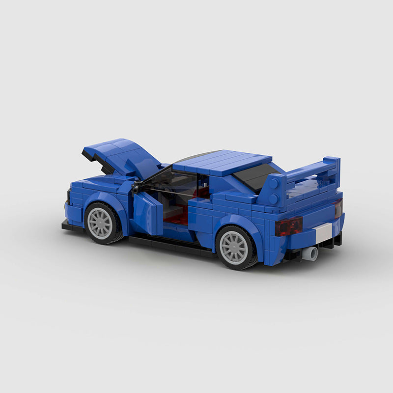 RevvBlox Subaru Impreza model car in detailed gray with black wheels and realistic design, showcasing front and side view.
