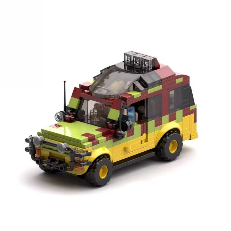 RevvBlox Jurassic Jeep toy model with green and brown plastic construction, featuring rugged wheels and detailed dinosaur-themed design.