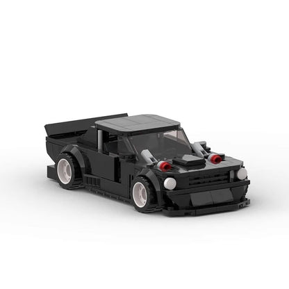 RevvBlox Ford Mustang Hoonicorn die-cast model car with detailed red and black design, showcasing the sporty muscle car profile.