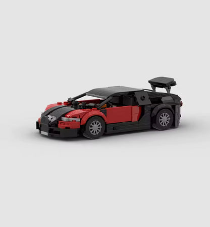 RevvBlox Bugatti Veyron model car with detailed blue and black design on a white background.