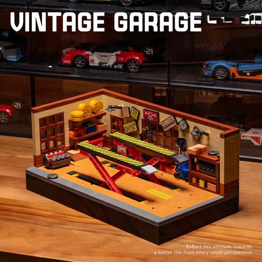 RevvBlox Vintage Garage toy building set with detailed garage and vintage-style vehicles, ideal for creative play and display.