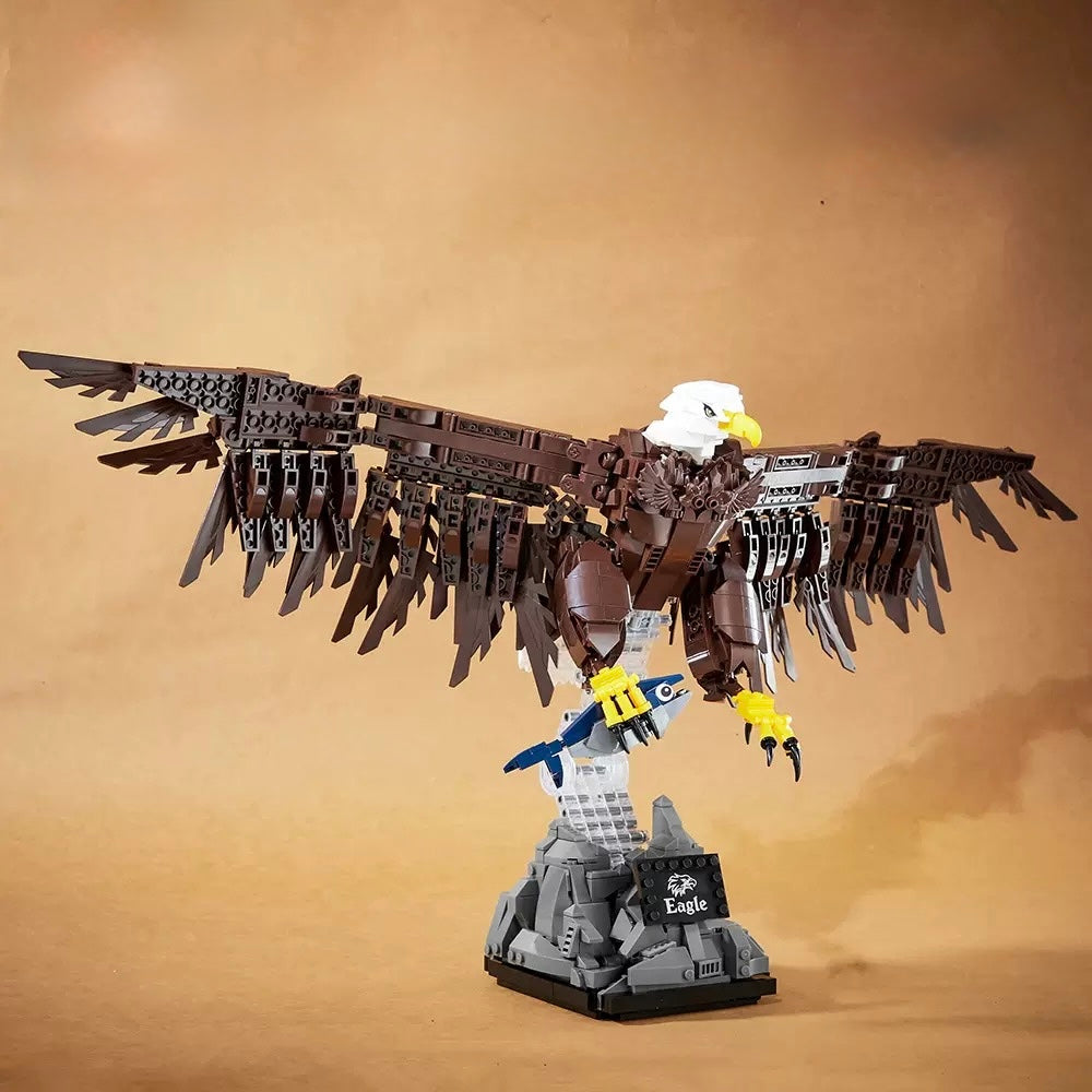 RevvBlox Bald Eagle model featuring detailed plastic construction with white head, yellow beak, and outstretched wings.