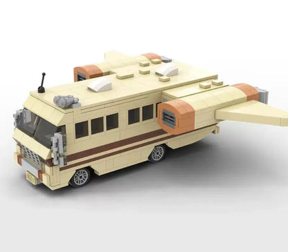 RevvBlox Eagle 5 model from Spaceballs, detailed plastic building toy with black and silver parts, assembled on a white background.