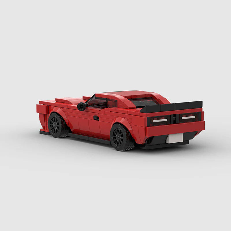 Revvblox Dodge Hellcat toy model with detailed black and red design, showcasing the vehicle's aggressive styling and intricate features.