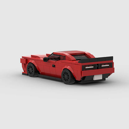 Revvblox Dodge Hellcat toy model with detailed black and red design, showcasing the vehicle's aggressive styling and intricate features.