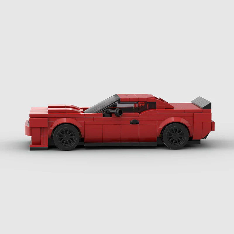 RevV Blox Dodge Hellcat toy model featuring detailed black and red design with realistic car features.