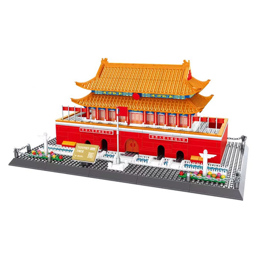 RevvBlox Tiananmen Square building model, detailed plastic construction set with iconic Chinese architecture, assembled and displayed.