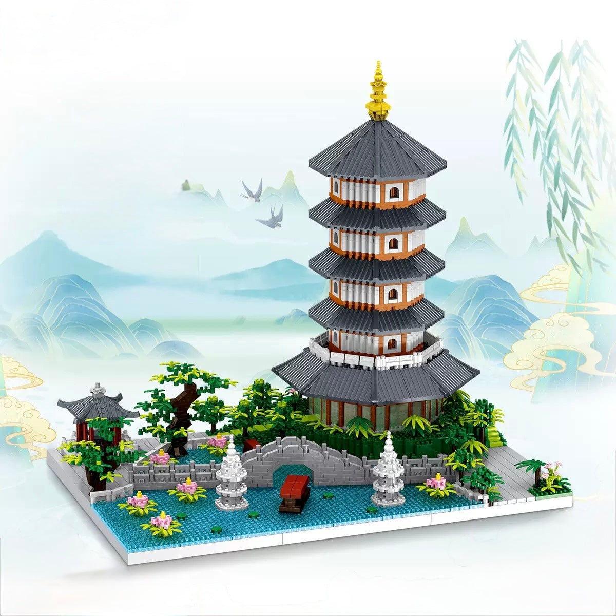 RevvBlox Hangzhou West Lake model building set with detailed miniature replica of West Lake scenery and traditional architecture.