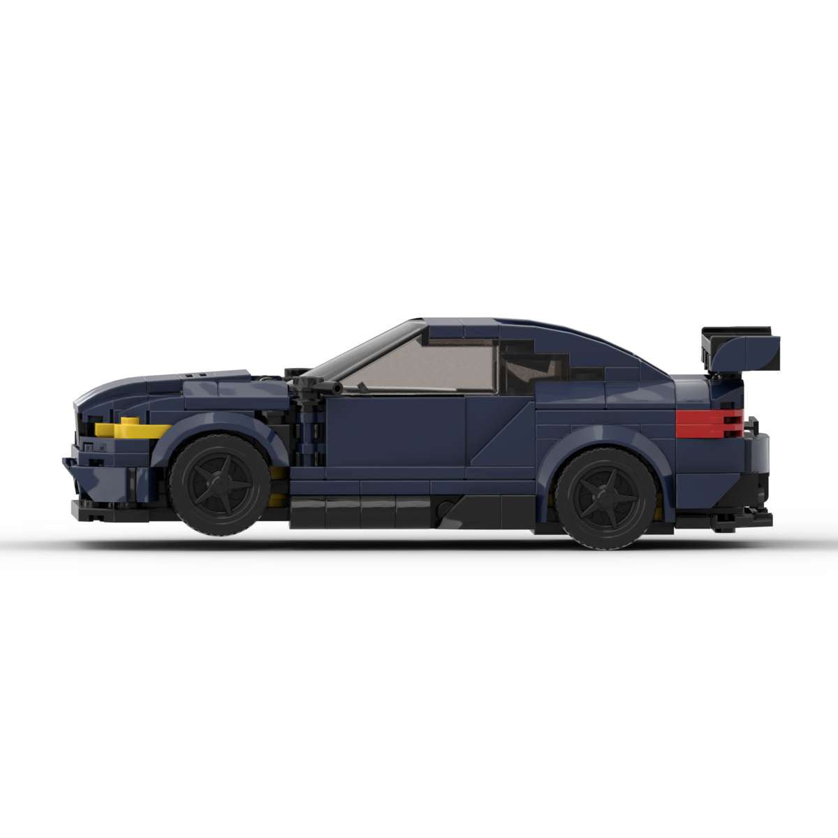 Dark blue LEGO model car with sporty design, spoiler, and yellow headlights on white background