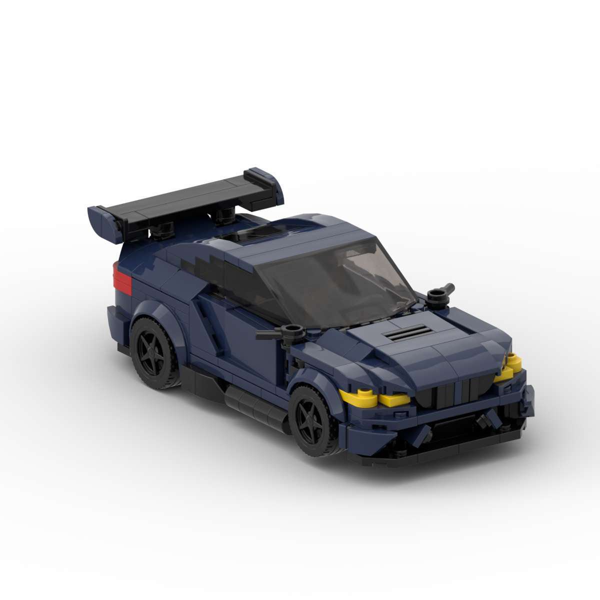 Dark blue LEGO model of BMW M3 GTS with black spoiler and black wheels on white background