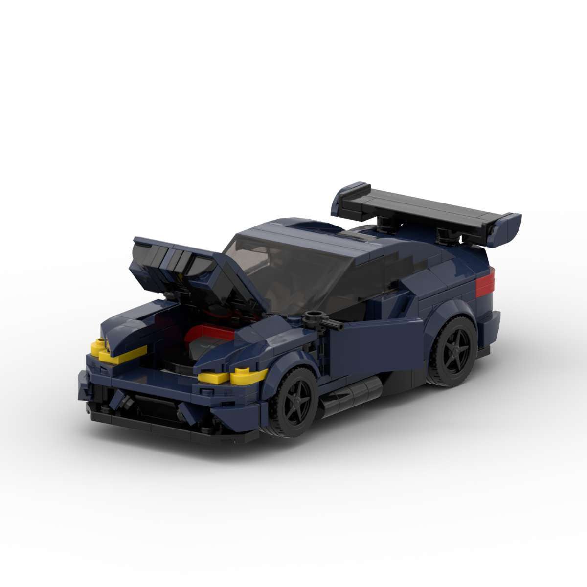 Dark blue LEGO model car with open hood and large rear spoiler on white background