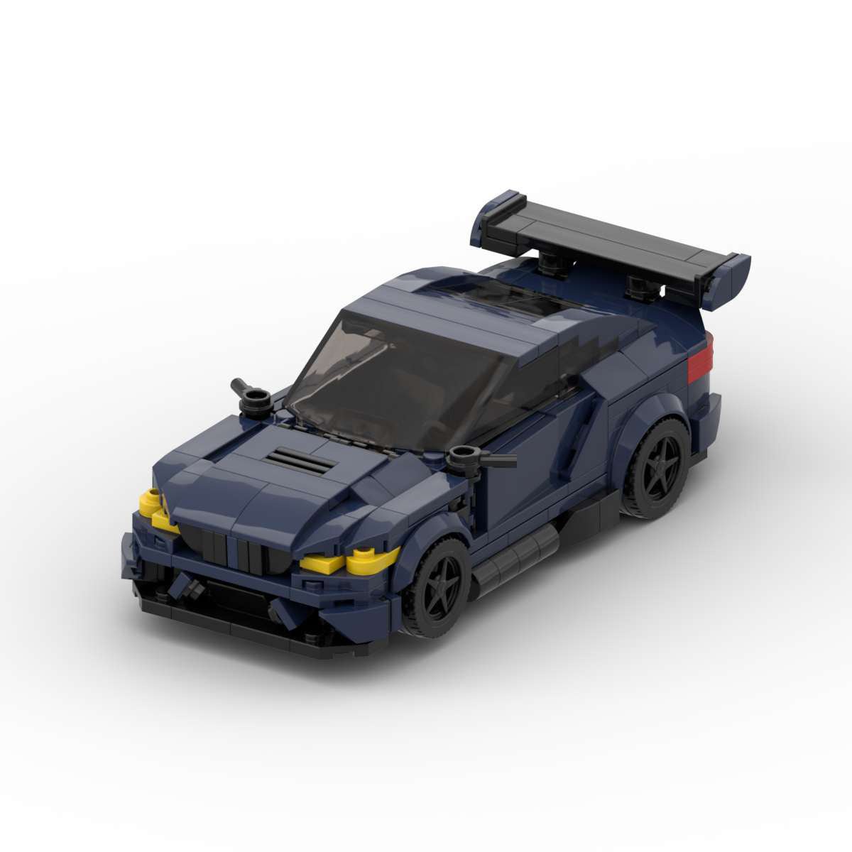 Dark blue LEGO model of a sports car with rear spoiler and tinted windshield on white background