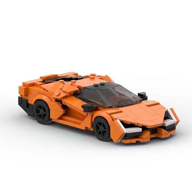 Orange LEGO-style model of a Lamborghini supercar with black wheels and transparent windshield