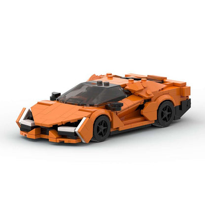 Orange Lamborghini Revuelto model built from small interlocking toy bricks on white background