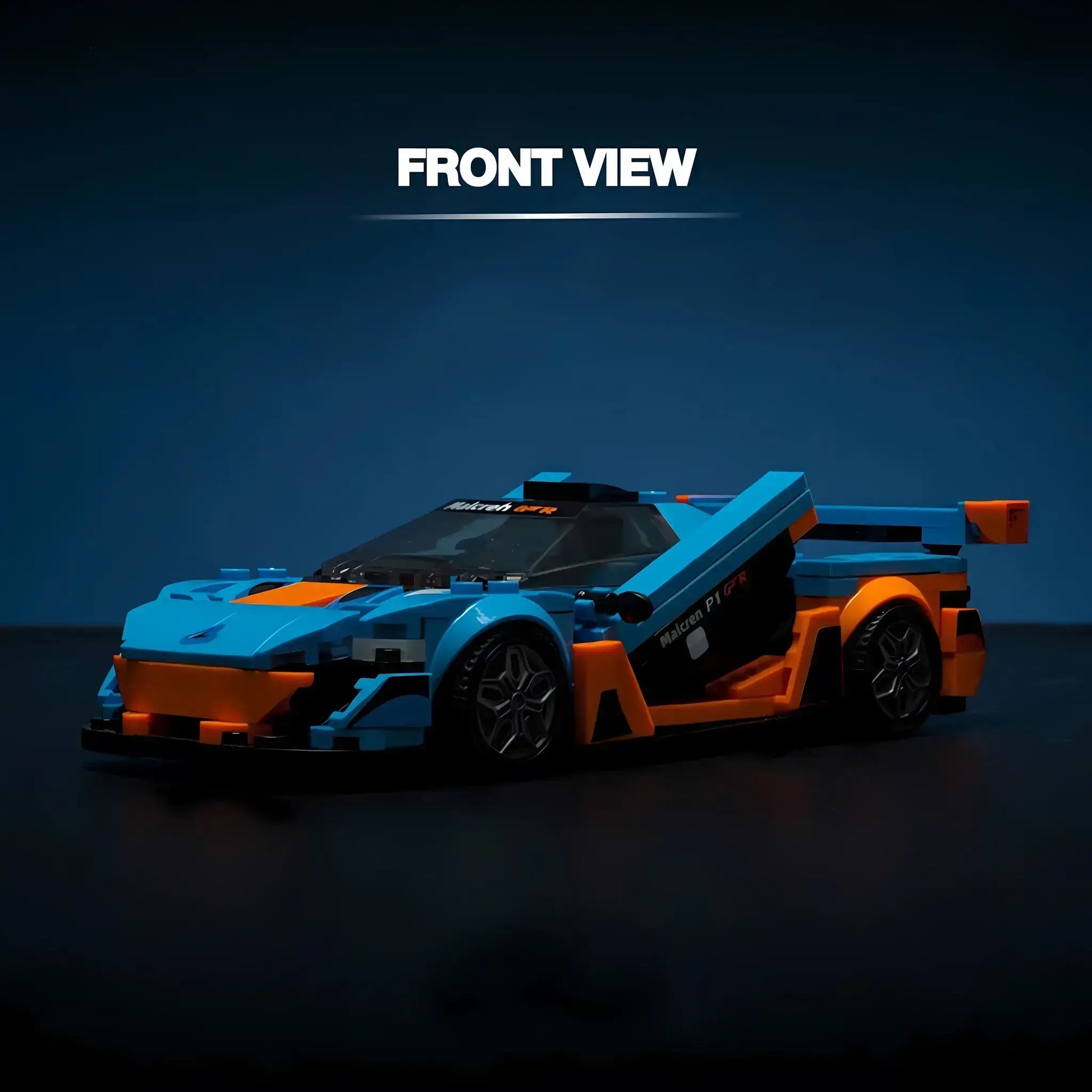 Front view of a McLaren P1 model by RevvBlox showcasing sleek design and vibrant color details.