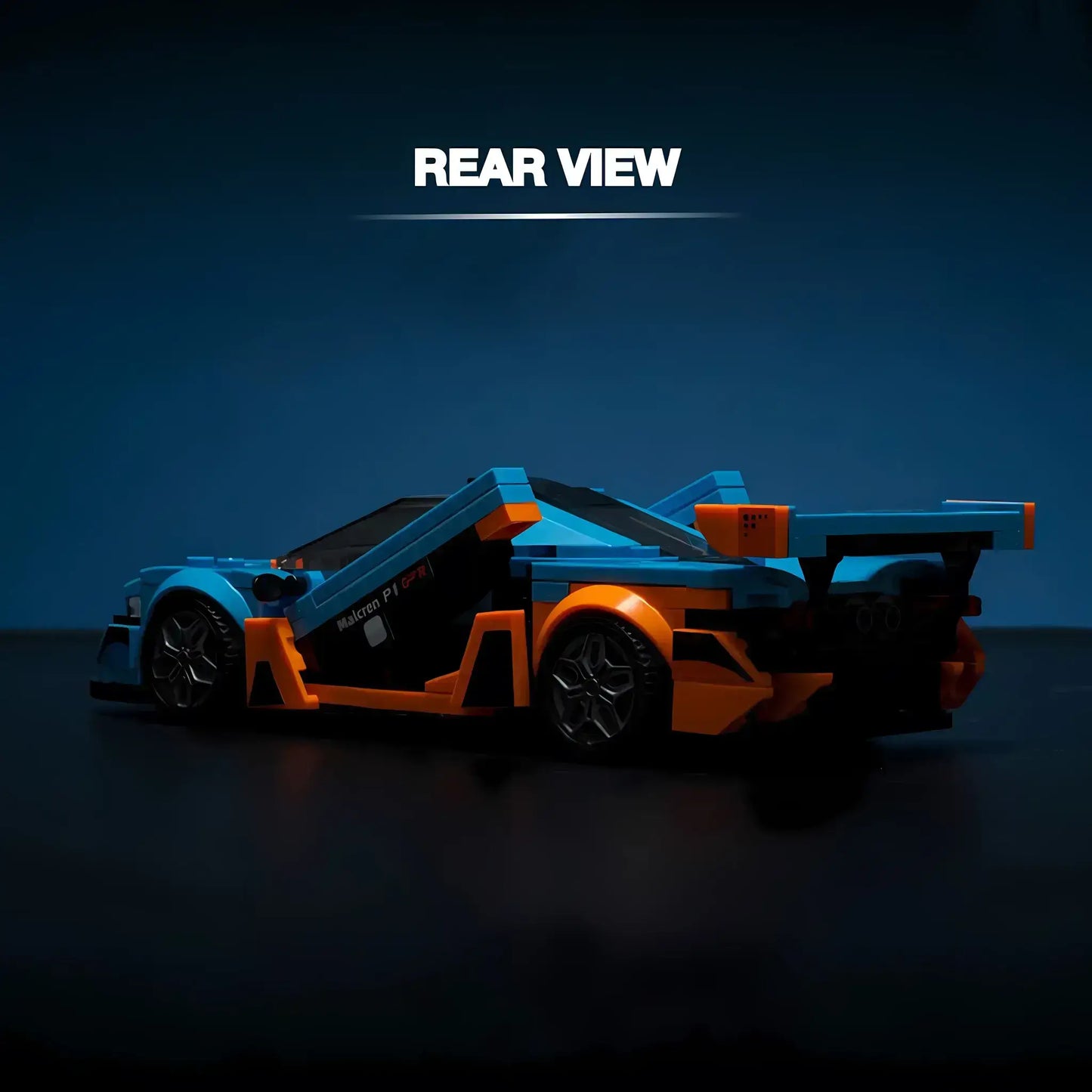 RevvBlox McLaren P1 rear view showcasing sleek design and aerodynamic features in vibrant colors.