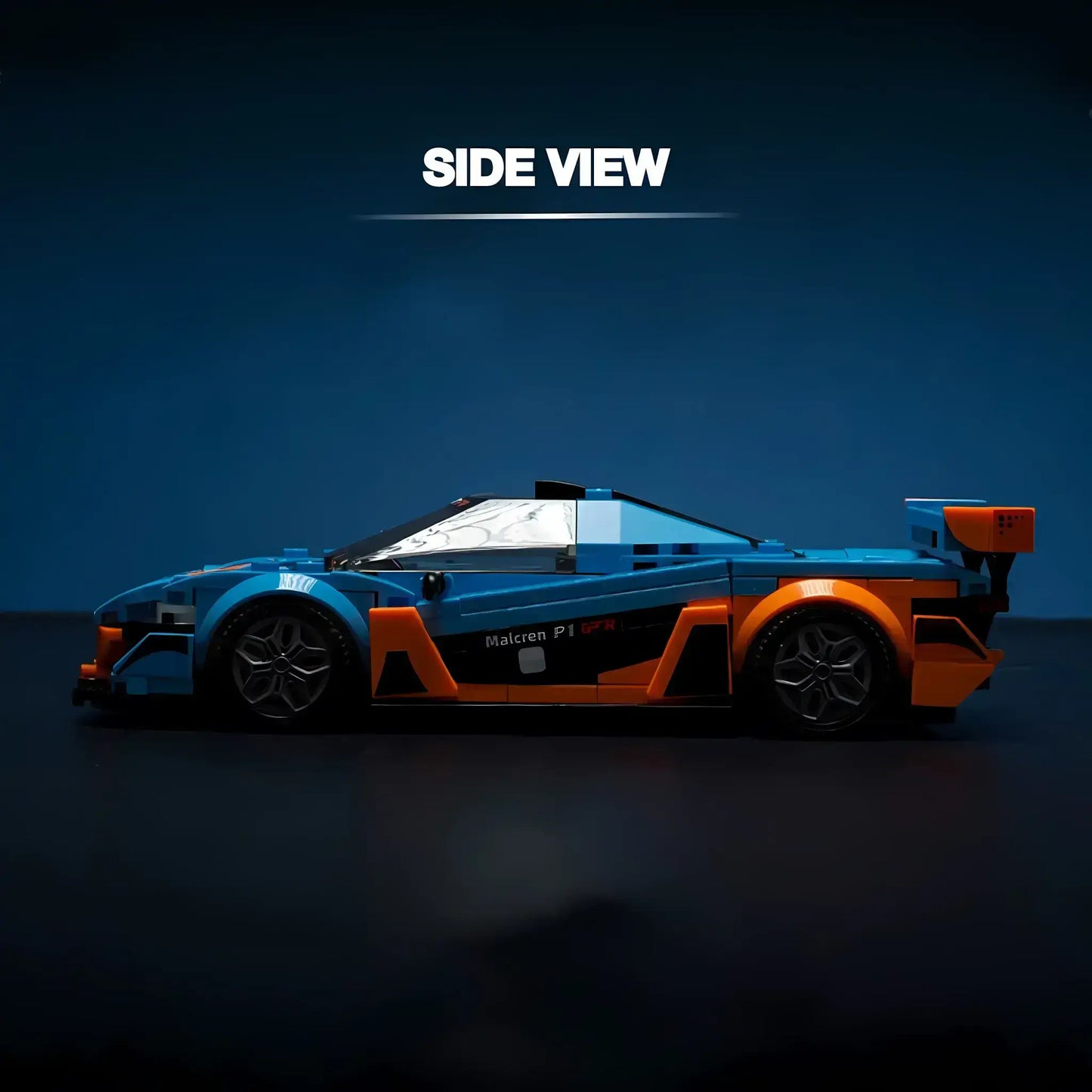 Side view of the RevvBlox McLaren P1 showcasing its sleek design and aerodynamic features.