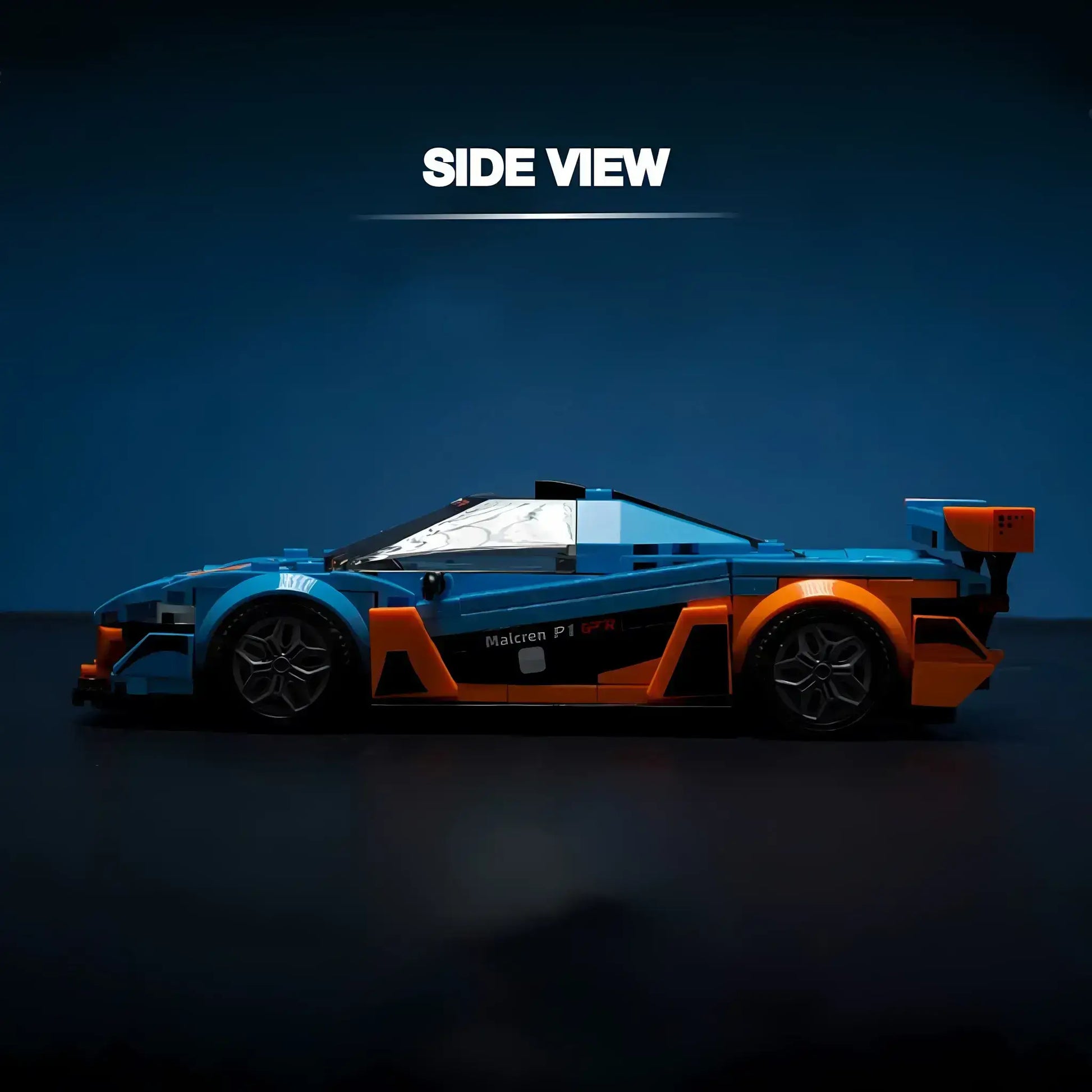 Side view of the RevvBlox McLaren P1 showcasing its sleek design and aerodynamic features.